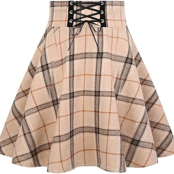 Idealsanxun Dresses & Skirts - IDEALSANXUN Khaki and Gray Short High Waist Plaid Mini Skirt size XL